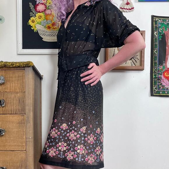 Vintage Sheer Black Floral Dress, 1970s Bohemian Fairycore Flower Print, Sz S - Picture 8 of 11